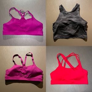 Set of 4 Athleta Sports Bras Size Large Red Black Camouflage Purple Pink EUC